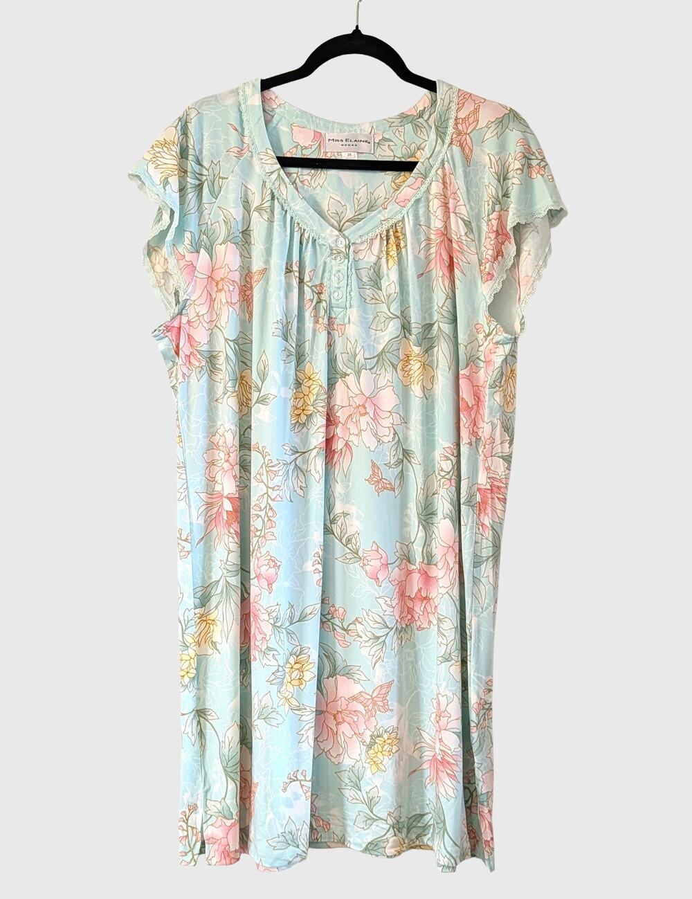 Miss Elaine Women 2X Floral Nightgown Aqua Pink Soft Flutter Sleeve Soft